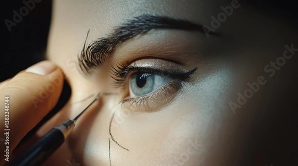 Obraz Precision: a close-up of an eye enhancement procedure with dark eyeliner and careful touch.