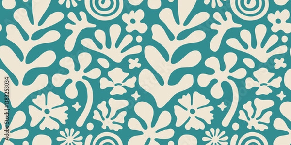 Fototapeta Vector seamless pattern in simple floral wavy and groovy naive style, flowers and plants, floral botanic hand drawn design templates, modern art prints, surface design, holiday and beach theme