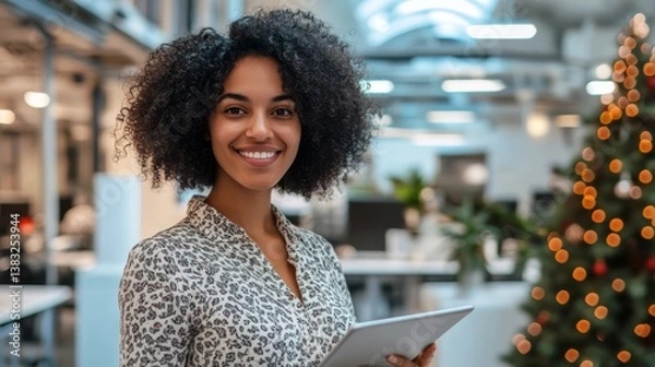 Obraz Confident professional with glowing smile holding a tablet in a festive office setting.
