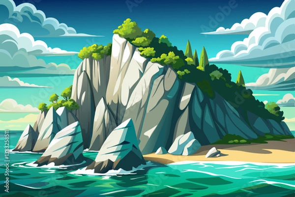 Fototapeta serene white limestone island with turquoise waves and lush greenery under a sunny sky