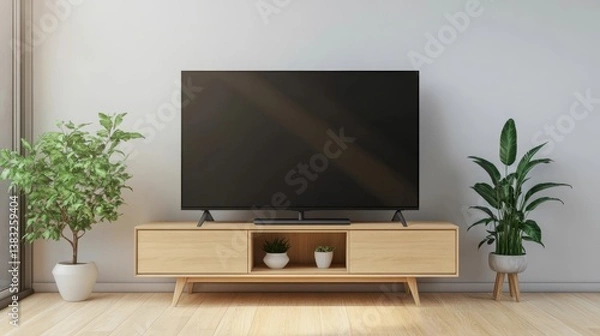 Fototapeta Serene interior: modern entertainment unit with lush greenery, a minimalist composition in a calm and bright ambiance.
