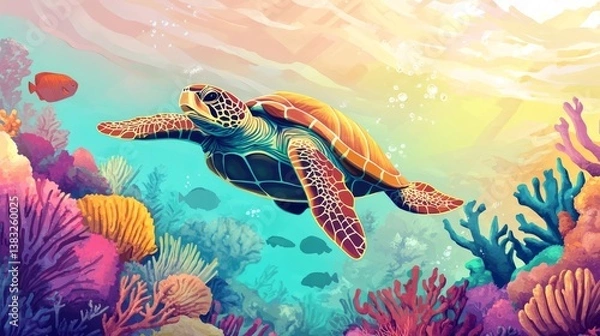 Fototapeta A majestic sea turtle's graceful journey through a vivid coral reef, bathed in the gentle light of the sun.