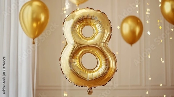 Fototapeta Gleaming golden number eight balloon celebration surrounded by floating golden orbs and delicate sparkling lights.