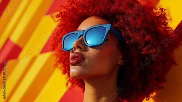 Fototapeta Crimson afro in azure shades: a striking portrait against a warm geometric backdrop.