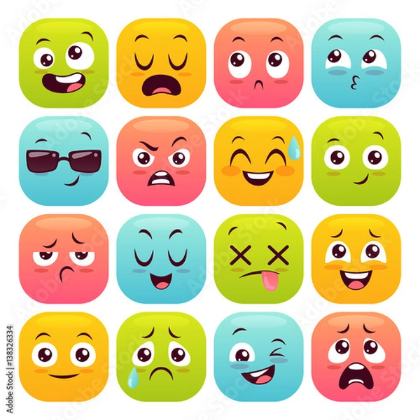 Fototapeta Sixteen emoticons set. Colorful emoji design buttons isolated on white background. Vector illustration.