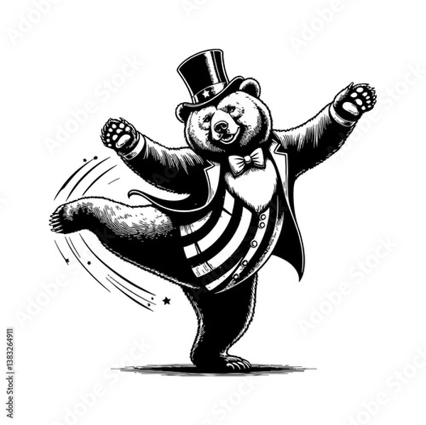 Obraz Bear Dancing Wearing Suit and Hat Isolated on White Background Black and White Engraving Style