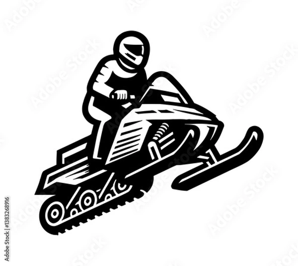Obraz Rider on Snowmobile in Black and White Art Illustration in High Speed Ride and Helmet