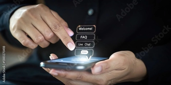 Fototapeta person's hand interacting with a smartphone, with welcome, FAQ and live chat options visible on the screen, showcasing customer service and online support