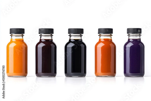 Fototapeta A clean product shot of barbecue sauces in transparent glass bottles with metal caps, isolated on a