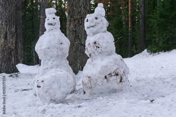 Fototapeta Three snowmen in the forest against a background of coniferous trees, close-up.