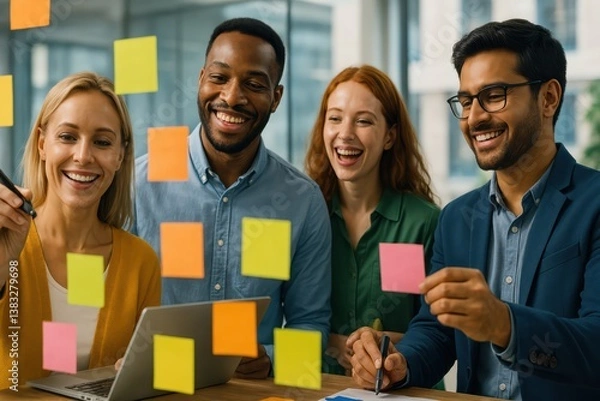 Fototapeta Group of modern office employees brainstorming ideas using glass whiteboard, vibrant team energy, colorful sticky notes