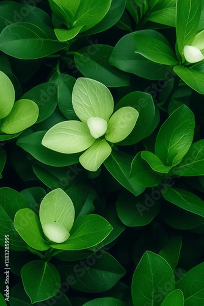 Obraz Serene portrayal of fresh Tabernanthe iboga plant arranged with lush green leaves and subtle white