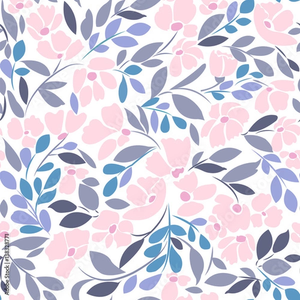 Fototapeta Seamless pattern with floral print in soft pink and gray shades of blue on a white background.