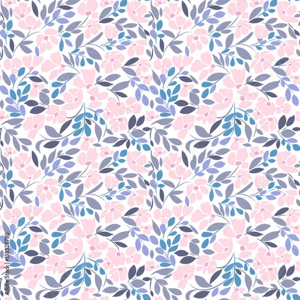 Fototapeta Seamless pattern with floral print in soft pink and gray shades of blue.