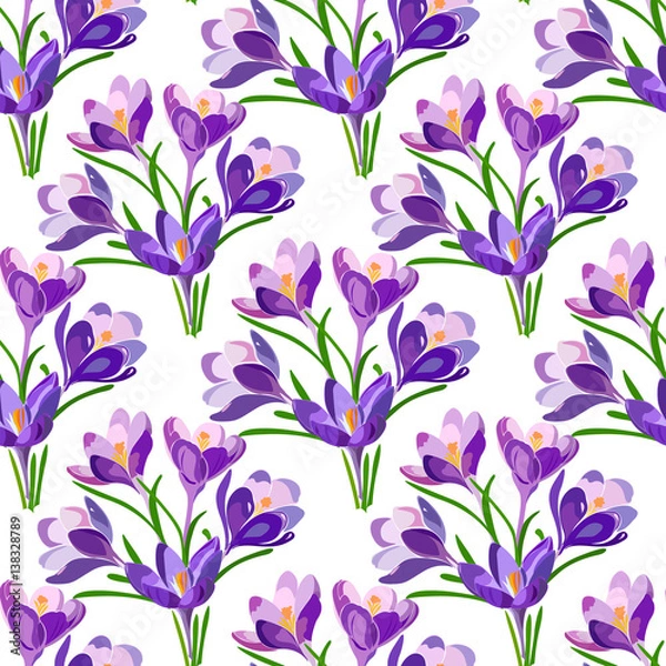 Fototapeta Seamless pattern with spring bouquet of crocus, saffron flowers