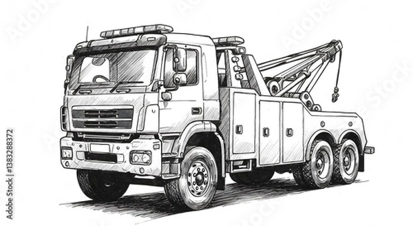 Obraz Tow Truck Illustration in Black and White Detailing a Vehicle Rescue