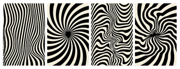 Fototapeta Four black and white abstract designs with wavy and swirling lines. Each image features dynamic patterns creating strong optical illusions, ideal for modern art and decoration purposes.