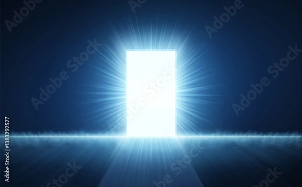 Fototapeta Open door with abstract light on blue background. Digital gateway, virtual doorway.