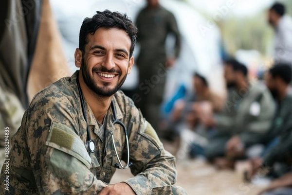 Fototapeta a smiling man wearing camouflage clothing, possibly a soldier or medic, sitting and looking at the camera. The man is sitting and has a stethoscope around his neck.