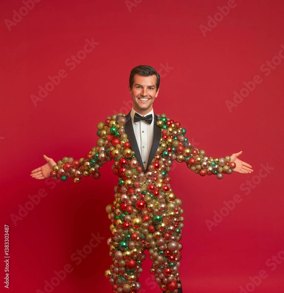 Obraz Handsome and irresistible man with a charming smile, wearing a tuxedo made of Christmas ornaments, standing in front of a solid background, in the spirit of the holidays, Christmas, and New Year