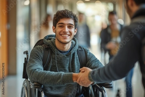Fototapeta A smiling young man in a wheelchair shaking hands with another person in a hallway. The scene conveys themes of inclusivity, support, and accessibility
