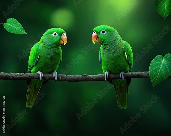 Fototapeta Two green parrots on tree branch in a forest wallpaper for nature lovers high-definition parrot wallpaper and realistic parrot wallpaper for forest scenes with parrots, green parrots, forest backgroun