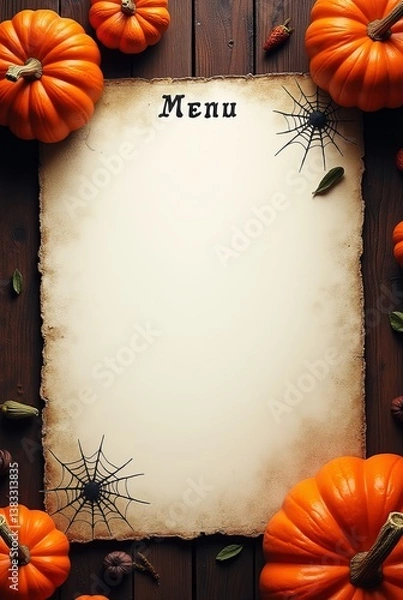 Fototapeta Halloween-themed menu template with pumpkins and spider webs on wood background. Space for text