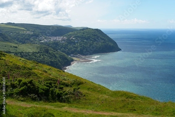 Fototapeta West Coast Path in Exmoor National Park in Devon England passing the Bristol Channel near Lynmouth