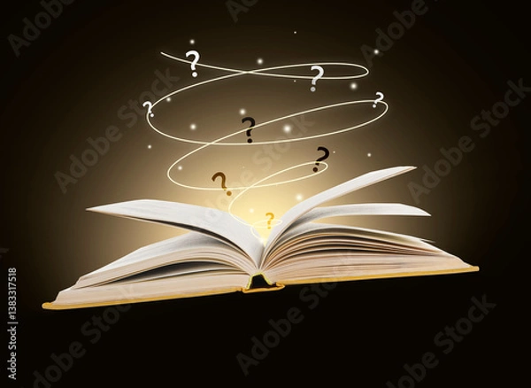 Fototapeta Question marks flying out of open book on gradient background