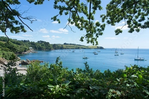 Fototapeta Sailing yachts in the Helford River at the Cornwall Coast in England as seen from Trebah Botanical Gardens