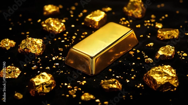 Fototapeta Shiny Gold Bar and Nuggets on Black Background