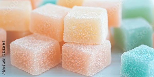 Fototapeta soft focus image of stacked orange and turquoise sugar-dusted jelly cubes with pastel colors and powdery texture