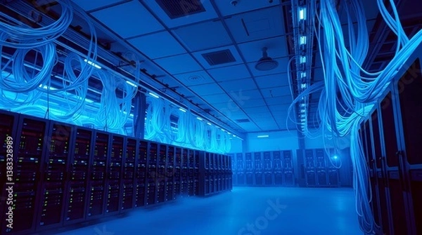 Fototapeta Futuristic Data Center with Blue Illuminated Network Cables and Server Racks in High-Performance Computing Facility