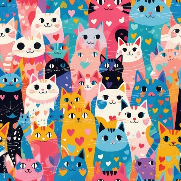 Fototapeta Colorful cats crowd illustration. Many cats with hearts on bodies and heads. Pink blue orange yellow and white feline drawing. seamless pattern