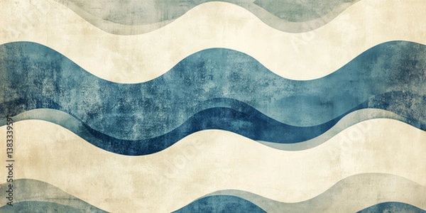 Fototapeta Abstract wave pattern in blue and beige with distressed texture, minimalist design.
