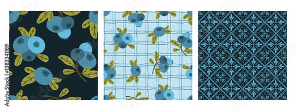 Fototapeta azulejos ceramic, blueberries, blueberries checkered seamless pattern collection, texture set