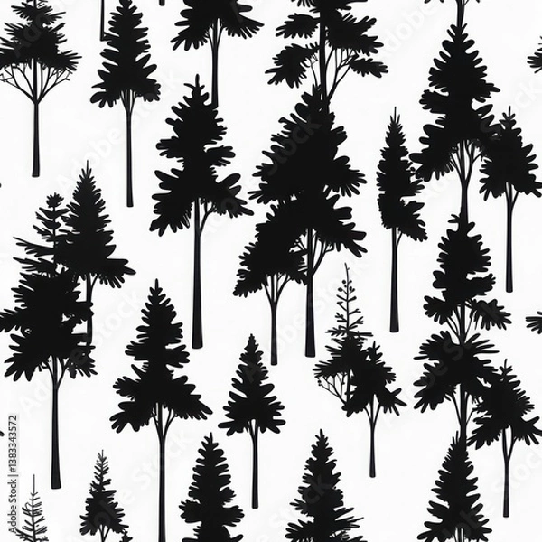 Fototapeta seamless pattern of trees. Black forest silhouettes scattered on white background. Repeating design of nature plants.