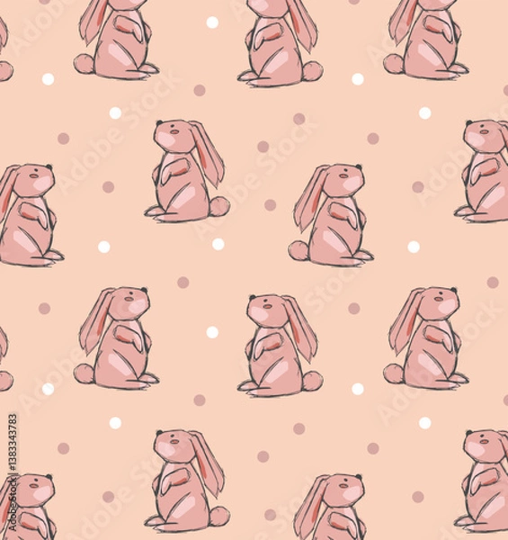 Obraz Vector seamless pattern of many cute little bunnies icons. Hand drawn rabbits signs. Cartoon baby animal print. Simple pencil sketch. Funny art for cloth design, children's room interior wallpaper