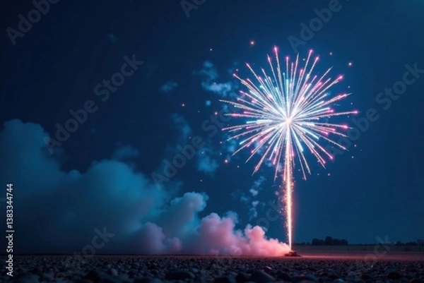 Fototapeta Explosive energy in the sky as a single blue firework detonates, pyrotechnics, sparkles