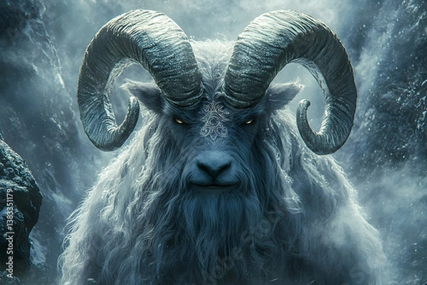 Fototapeta A majestic and imposing creature with large curving horns appears