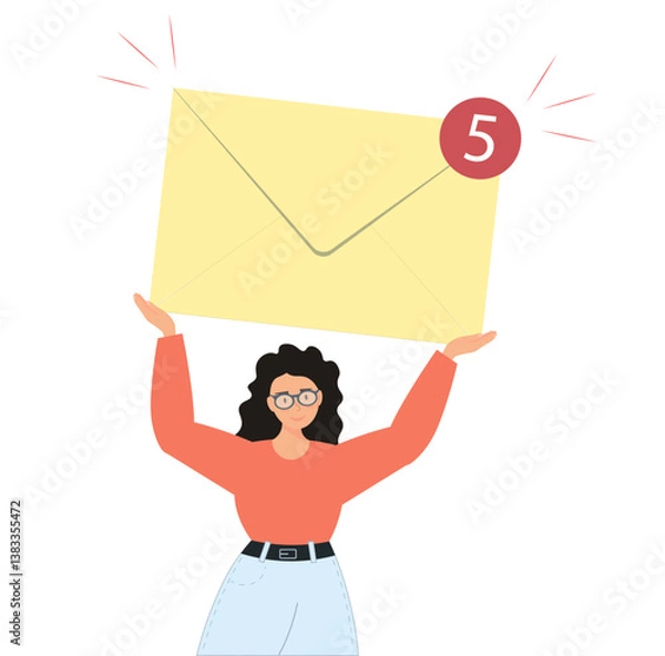 Fototapeta Person holding mail envelope, sending letter by internet, get letter, spam letter concept, flat vector illustration