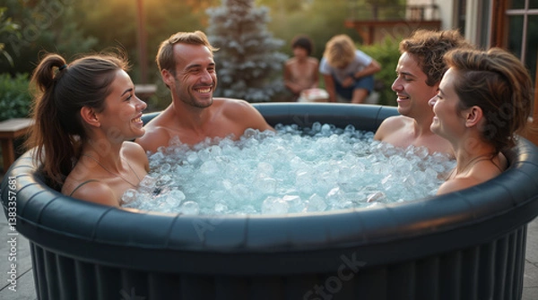 Fototapeta Four young adults smiling in a backyard ice bath, surrounded by greenery, enjoying a refreshing and social experience. Ice bath pod concept