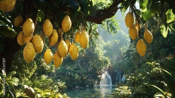 Fototapeta Lush tropical jungle waterfall scene with abundant yellow fruit hanging from tree branches.