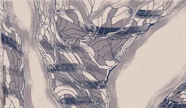 Fototapeta Surreal, organic abstract artwork in muted beige and navy tones. Interconnected patterns resembling tree bark, rock veins, or underwater coral. Fine line work and subtle shading add depth and texture
