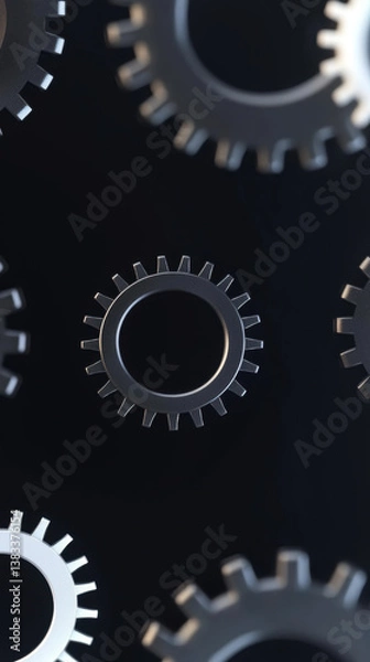 Obraz Metallic gears on black background, showcasing industrial design and mechanical precision, with ample copy space for creative use