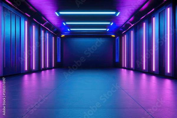 Fototapeta A futuristic neon-lit corridor pulsates with vibrant purple and blue energy, creating a captivating and mysterious atmosphere.