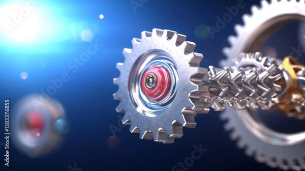 Fototapeta close up of interconnected metallic gears with glowing blue background, showcasing intricate details and futuristic design