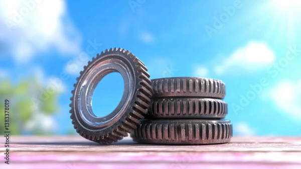 Obraz Metal gears stacked on wooden surface with bright blue sky and soft clouds in background, evoking sense of creativity and innovation