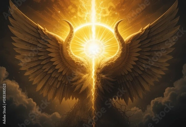 Obraz  A Radiant Golden Halo Shimmers With Light While Shadowy Horns Twist Upward With Dark Majesty, Embodying Good and Evil