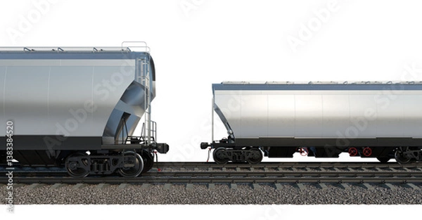 Fototapeta Industrial freight train on railway rails on white background
